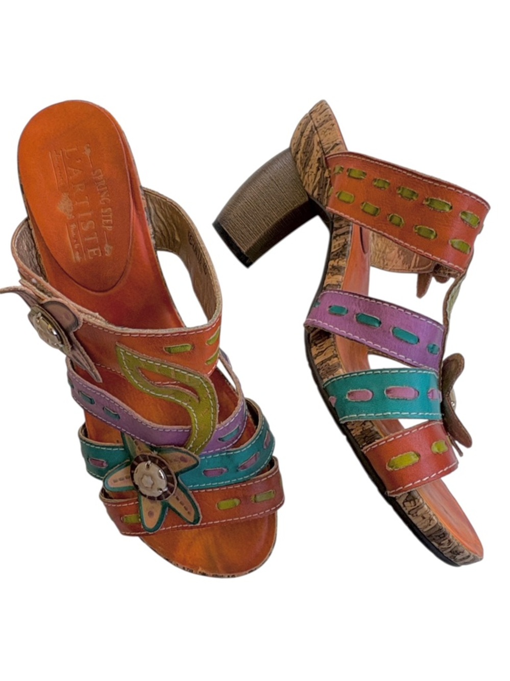 EUC Spring Step Leather Begonia Multi Color Heeled Sandals Size 9